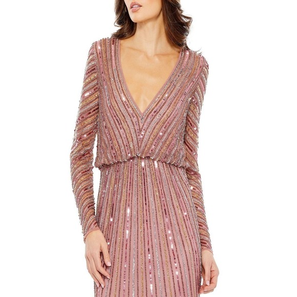MAC DUGGAL Sequined V Neck Long Sleeve Column Gown Rosewood 4 NWT - Picture 3 of 11